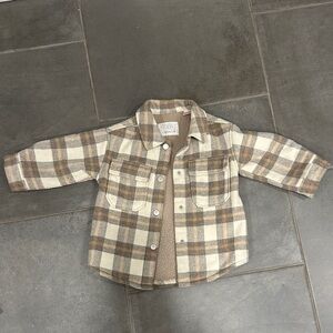 Zara Kids Plaid Button Down Shirt/Jacket Sherpa lined Shacket - Brown and Cream